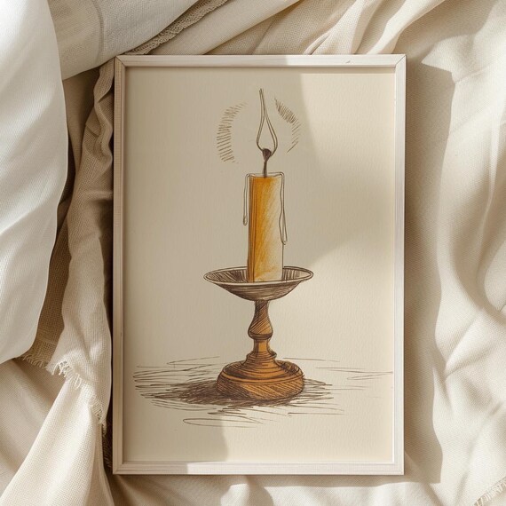 Hand Drawn Candle Sketch Warm Amber Glow Vintage Brass Candlestick Poster