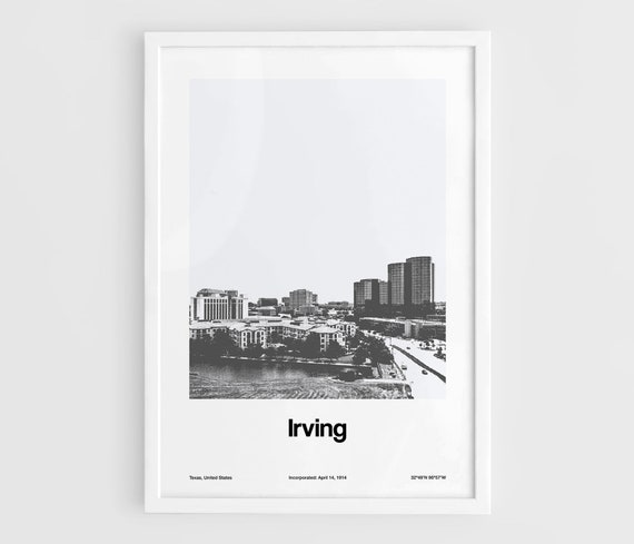 Irving Texas Skyline Poster, Black White Minimalist