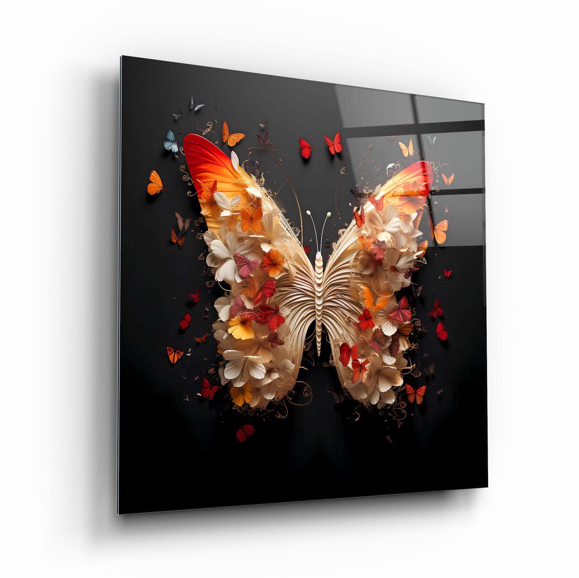 Flower Butterfly With Petals On Black Modern Nature Glass Poster - Image 2