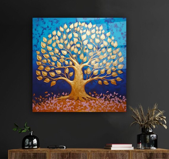 Golden Tree Of Life Wall Art Tempered Glass Print Modern Botanical Wall Decor Luxury Glass Wall Art For Home And Office