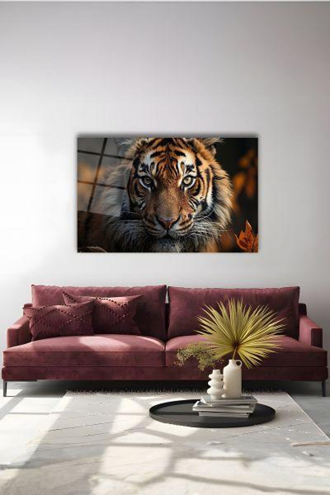 Intense Orange Tiger Close-Up Portrait With Autumn Leaf Poster - Image 3