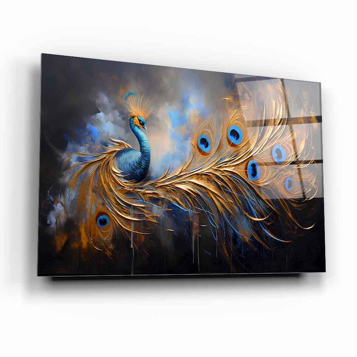 Peacock Golden Tail Feathers Dark Background Bird Art Poster - Image 2