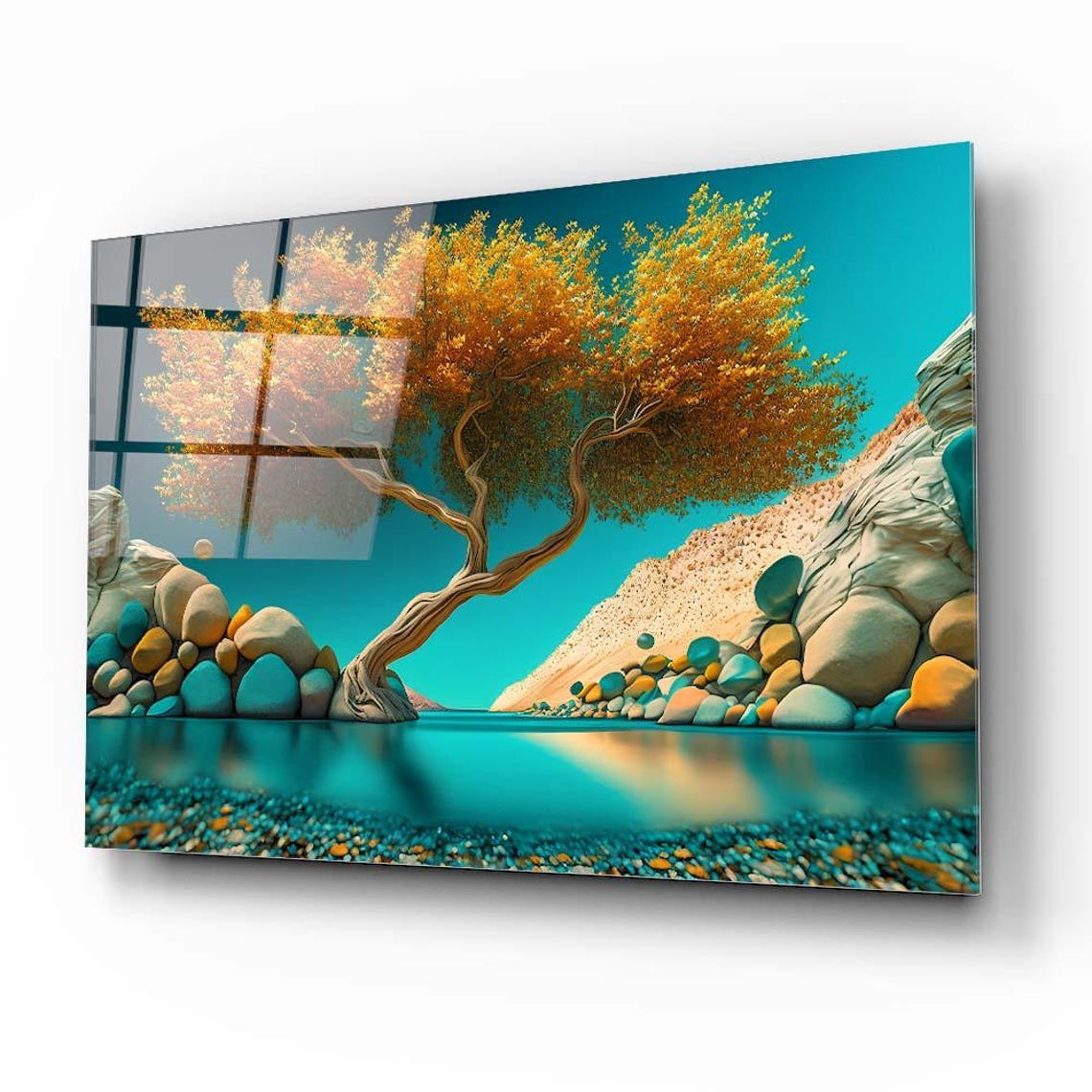 Golden Tree Turquoise Waters Rocky Shores Modern Nature Art Poster - Image 2