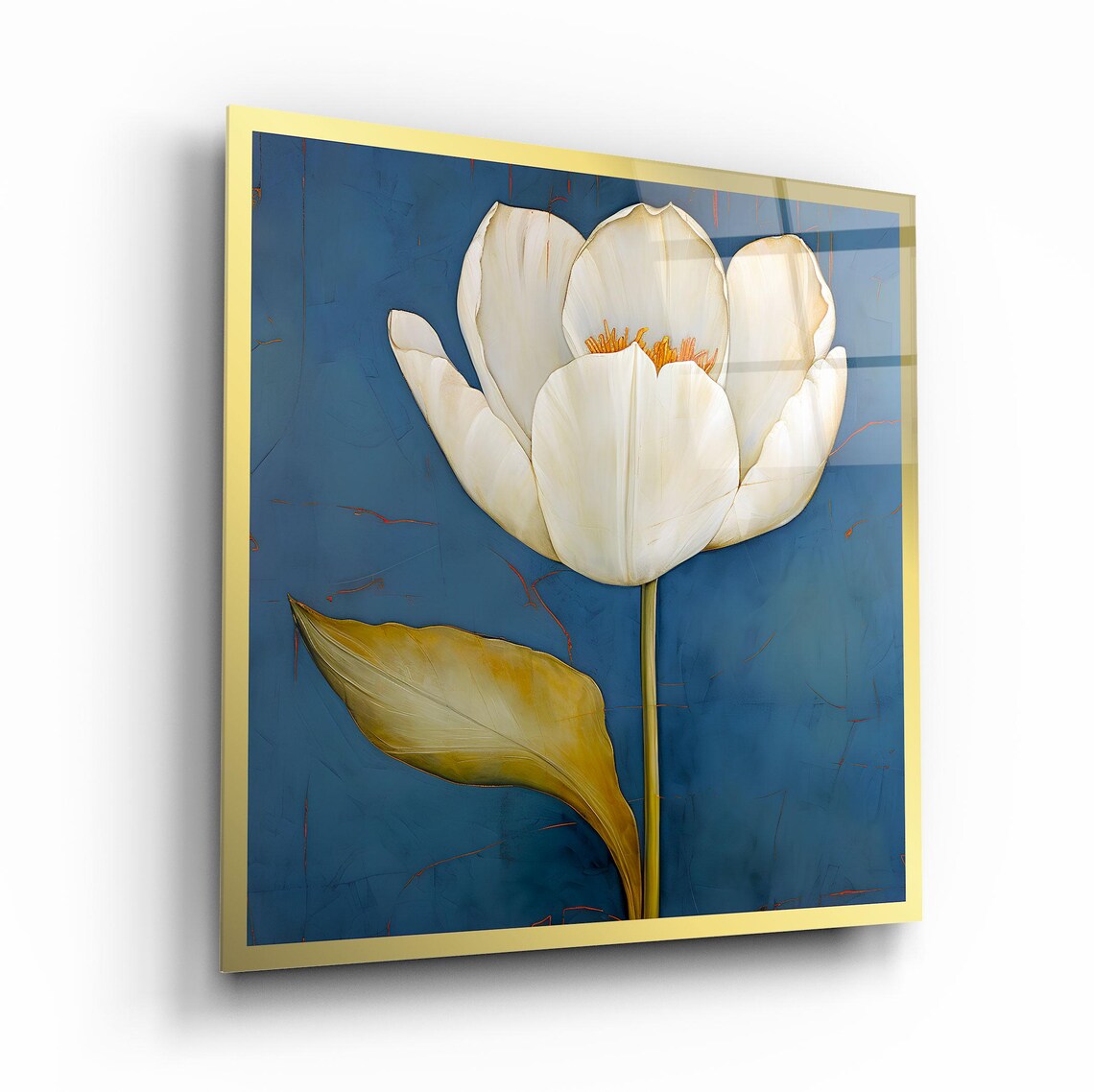 Elegant White Tulip Flower Painting on Teal Background Wall Art - Image 2