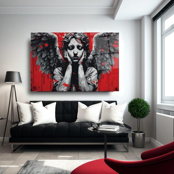 Urban Angel Wall Art Tempered Glass Print Bold Red And Gray Angel Design Modern Glass Wall Art For Home And Office