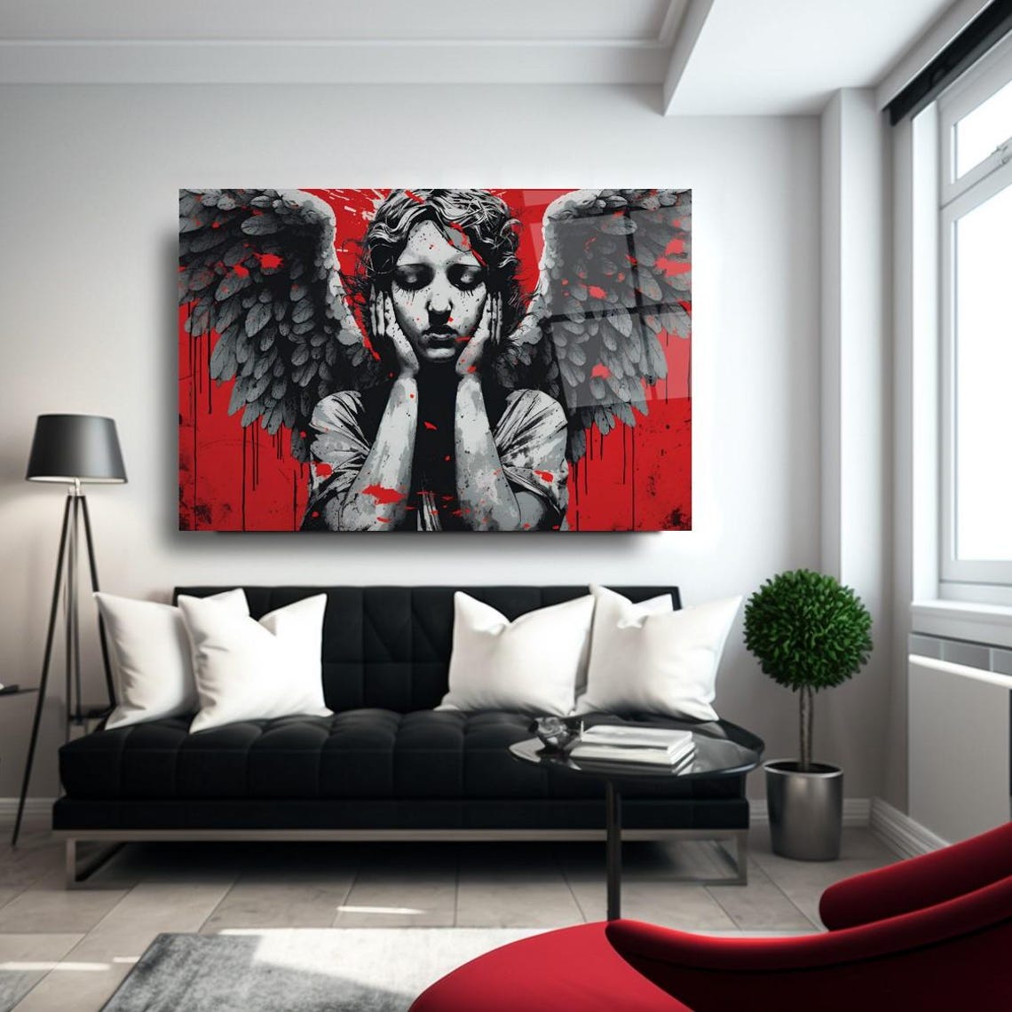 Urban Angel Wall Art Tempered Glass Print Bold Red And Gray Angel Design Modern Glass Wall Art For Home And Office