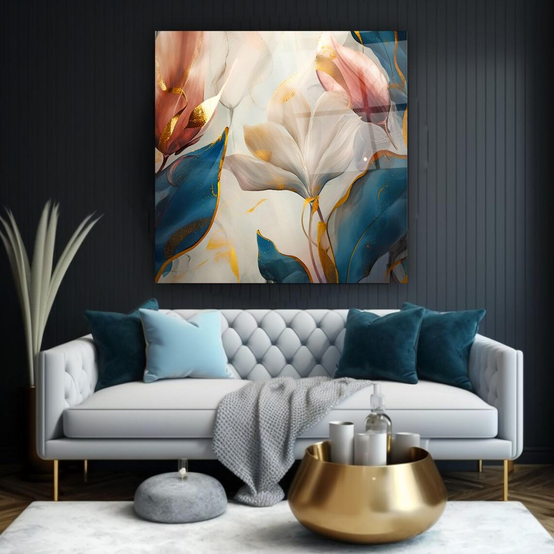 Elegant Floral Magnolia Art with Teal Leaves Gold Accent Wall Art - Image 3