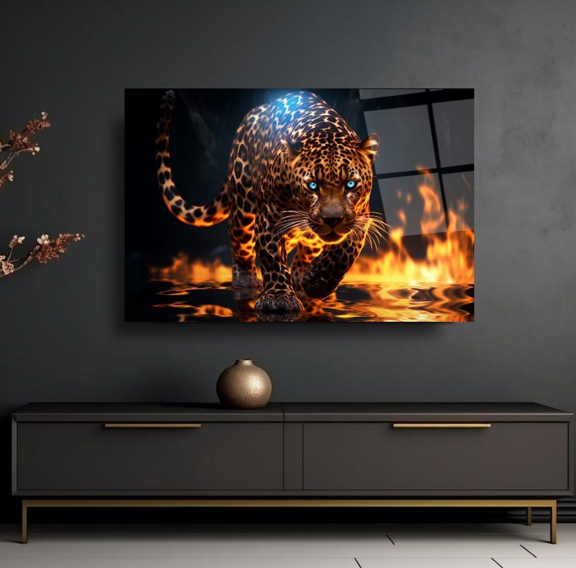 Fierce Leopard Walking Through Blazing Fire With Blue Eyes Poster - Image 3