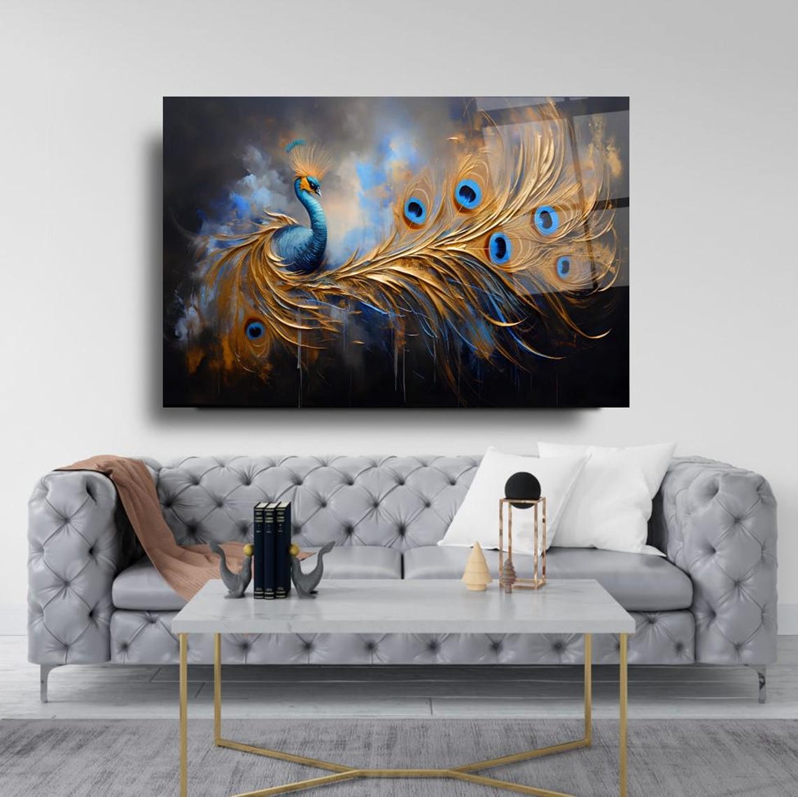 Peacock Golden Tail Feathers Dark Background Bird Art Poster - Image 3
