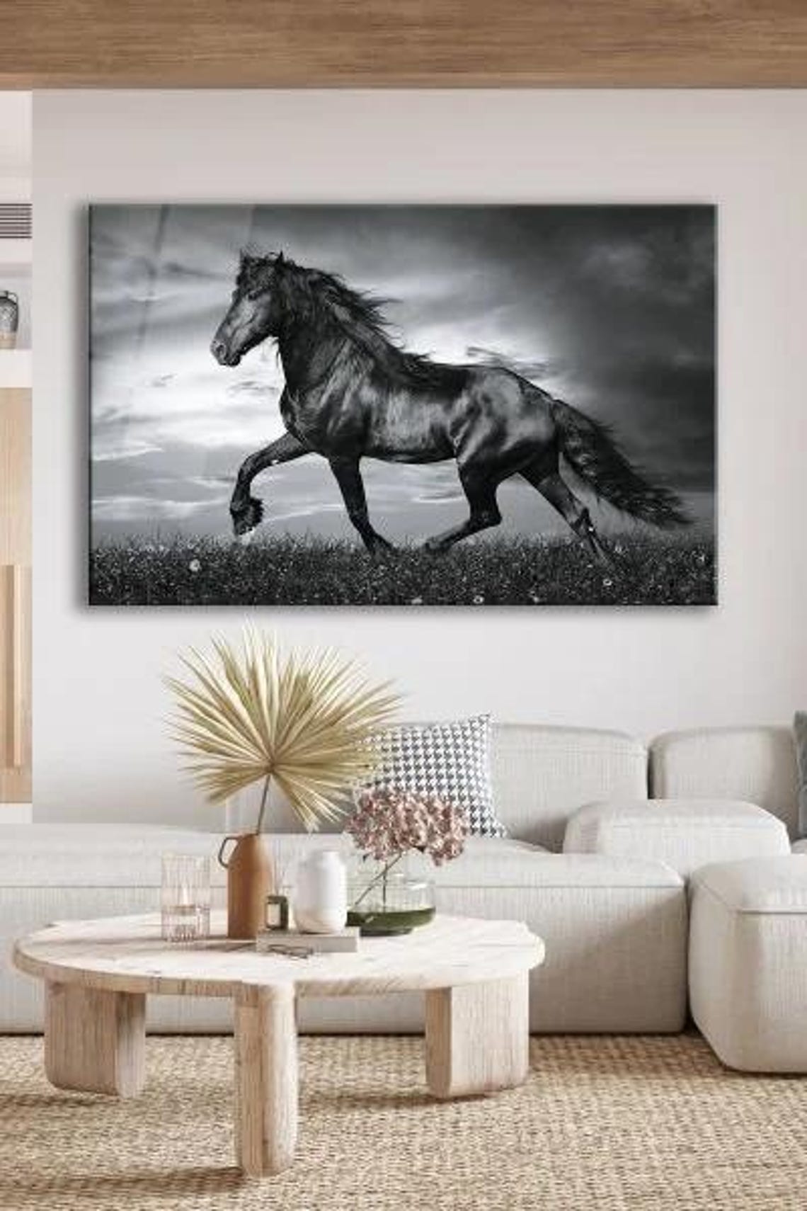 Monochrome Galloping Stallion Horse Tempered Glass Dramatic Art Poster - Image 2