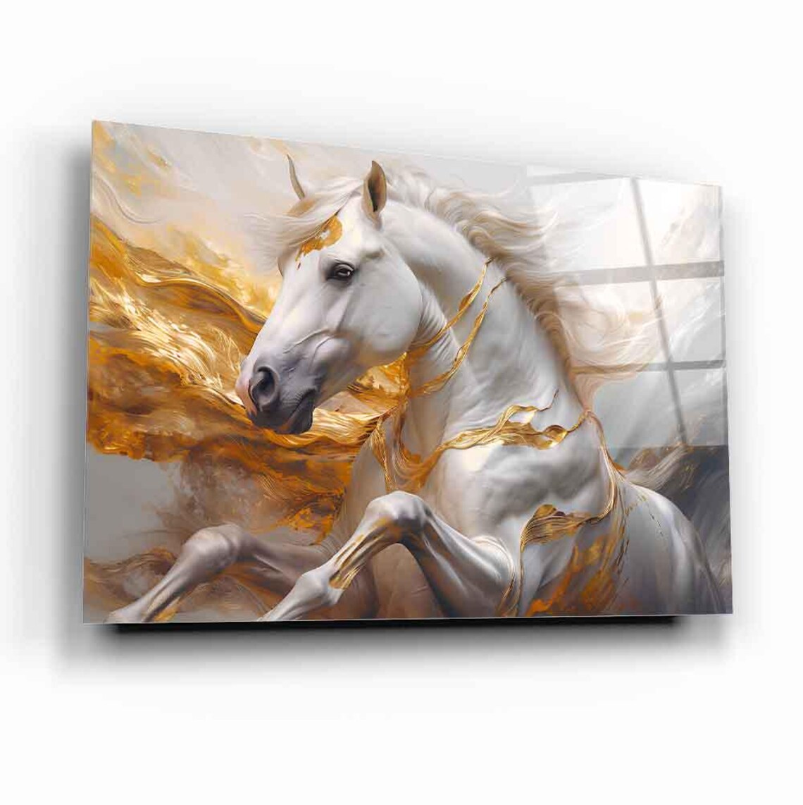 White Horse Gold Mane Rearing Elegant Golden Stallion Art Poster - Image 2