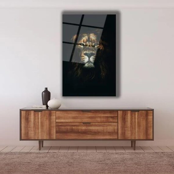 Majestic Lion Portrait Dark Background Powerful Wildlife Art Poster