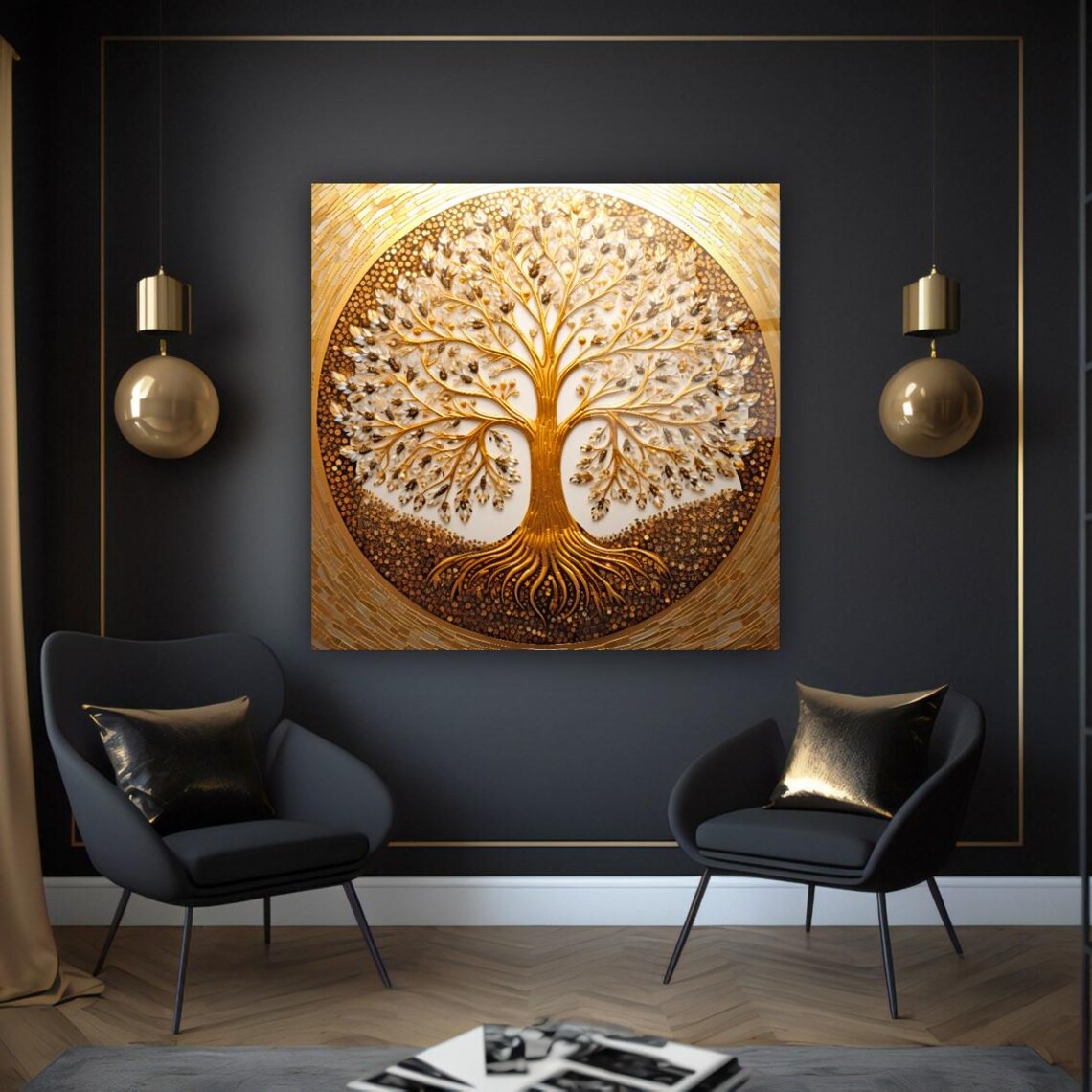 Elegant Golden Tree Wall Art Tempered Glass Print Modern Nature Wall Decor Luxury Glass Wall Art For Home And Office - Image 3