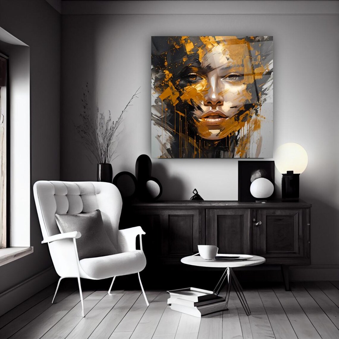 Golden Portrait Abstract Wall Art Tempered Glass Print Modern Decor For Living Room Luxury Glass Wall Art For Home And Office - Image 3
