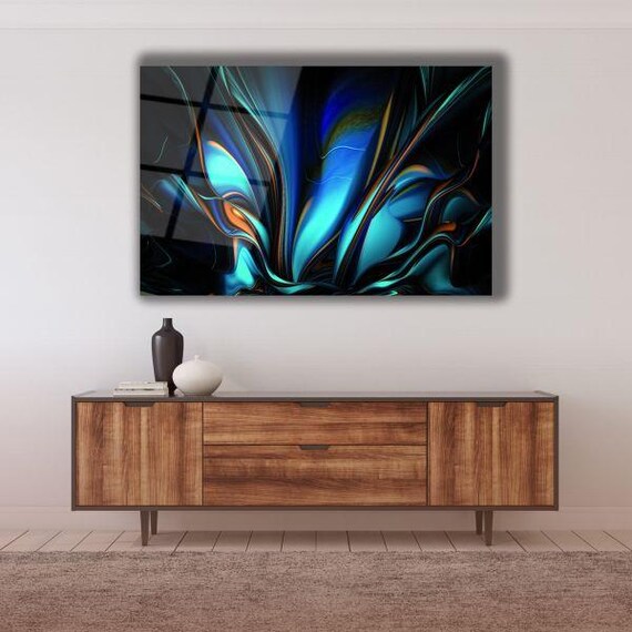 Mystic Flow Tempered Glass Wall Art Abstract Fluid Design Luminous Blue And Orange Swirls Modern Home Decor