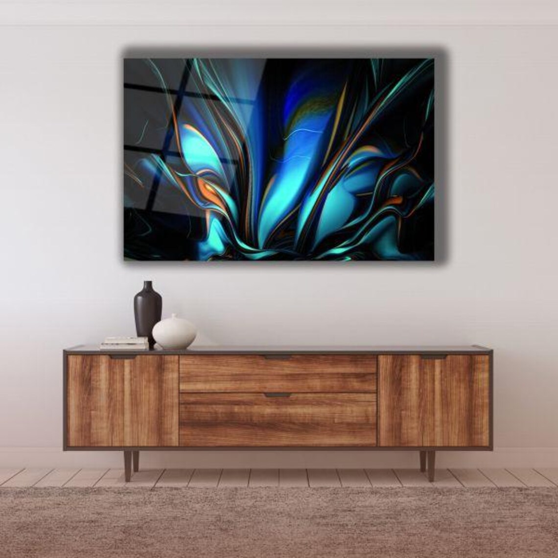 Luminous Blue Orange Fluid Swirls Contemporary Abstract Art Poster