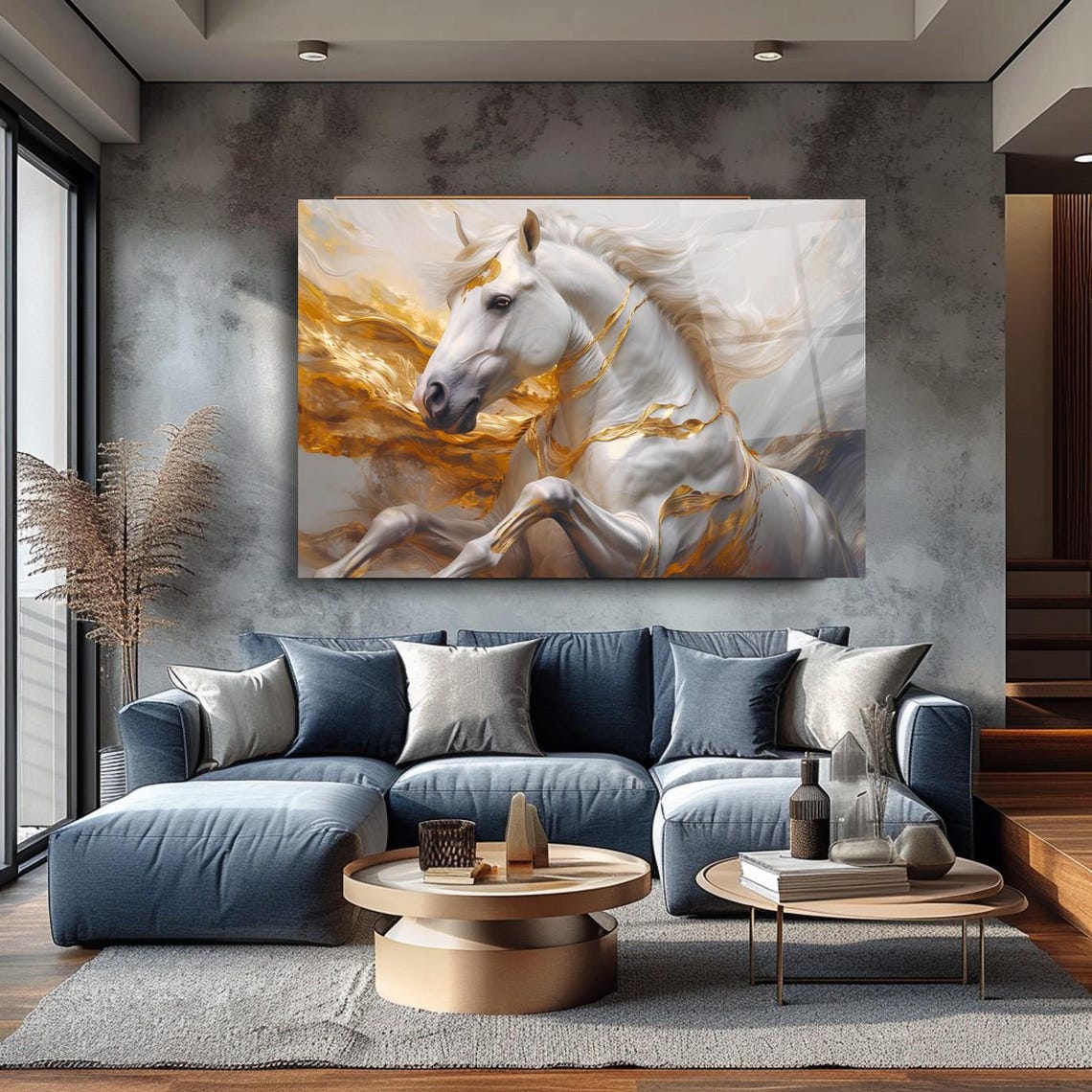 White Horse Gold Mane Rearing Elegant Golden Stallion Art Poster