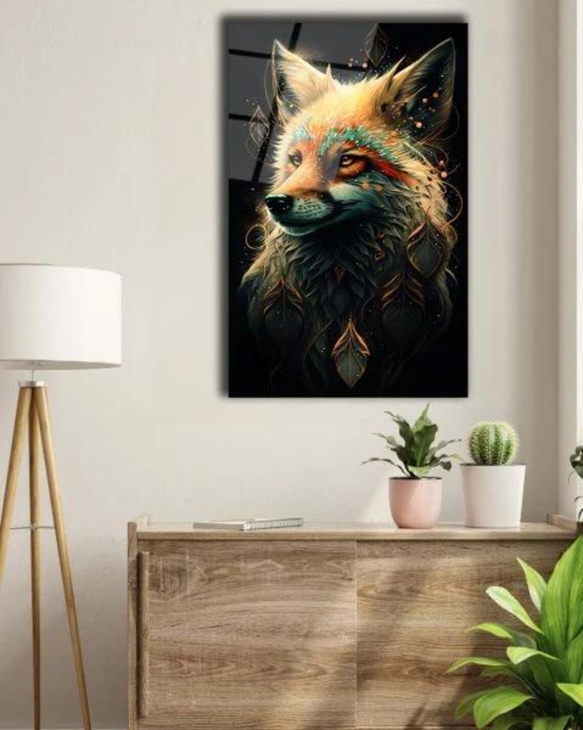 Mystical Fox Portrait Tempered Glass Art on a Dark Background Wall Art - Image 3