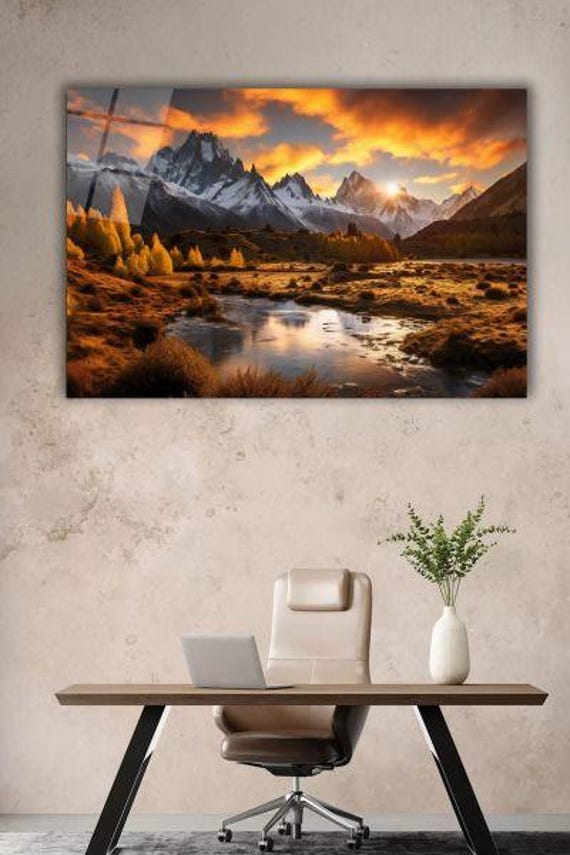 Fiery Sunset Peaks Tempered Glass Wall Art Dramatic Mountain Landscape Decor Inspirational Natural Home Accent