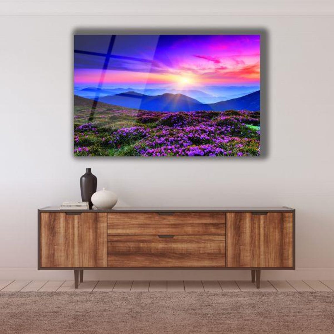 Purple Mountain Sunset Over Pink Wildflower Meadow Scenic Poster