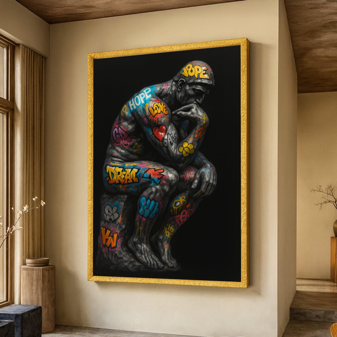 Thinker Statue Graffiti Hope Love Dream Urban Street Art Canvas Poster