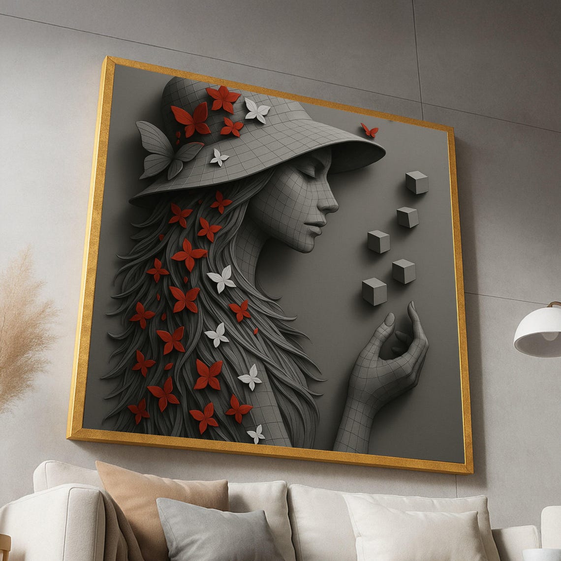 3D Wireframe Woman Butterfly Hat Red White Sculpture Art Poster