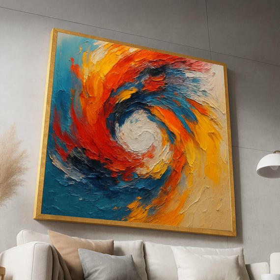 Vibrant Swirl Abstract Canvas Modern Wall Art Colorful Spiral Painting Blue Orange Yellow Decor Contemporary
