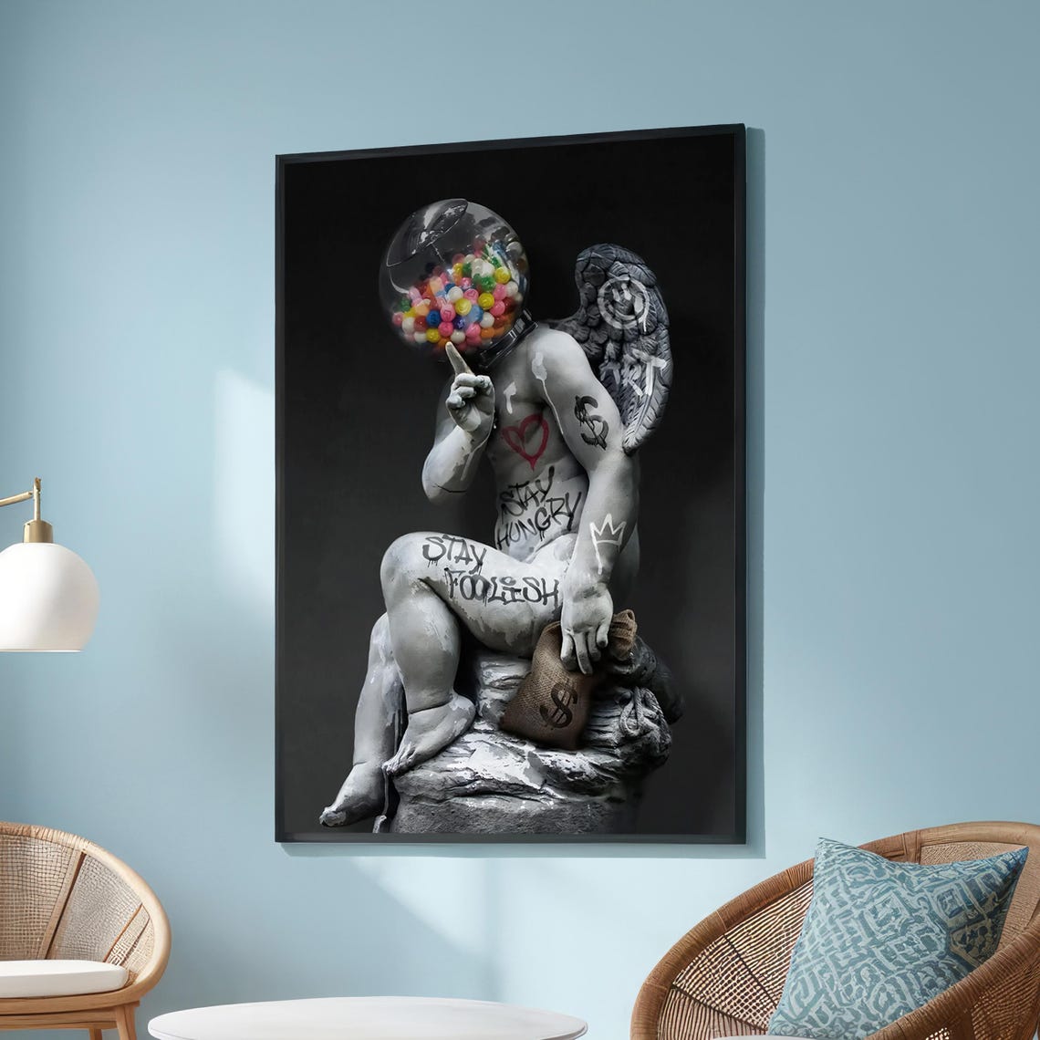 Cherub Statue With Gumball Machine Head Stay Hungry Street Art Poster