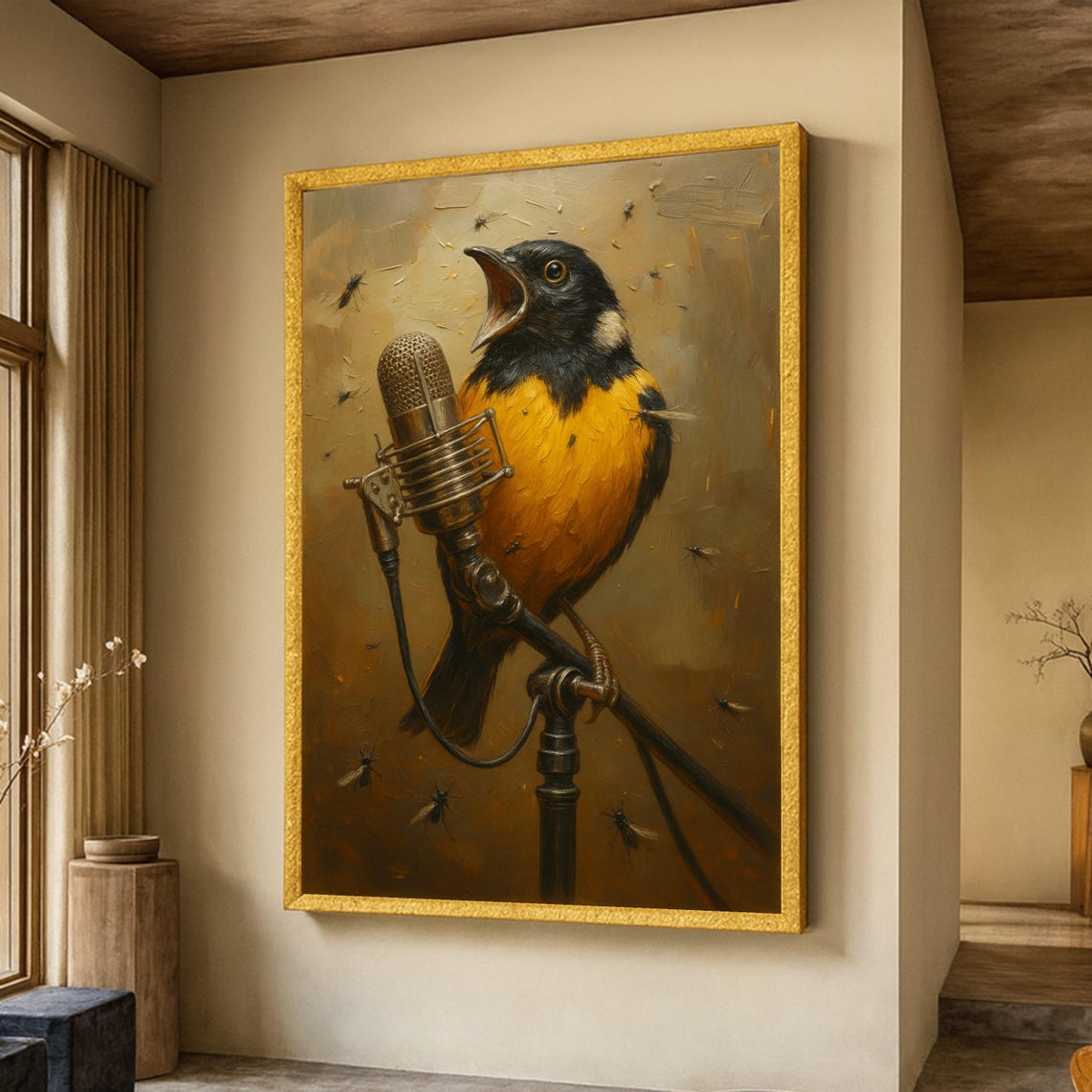 Yellow Songbird Vintage Microphone Art Print Singing Bird Painting
