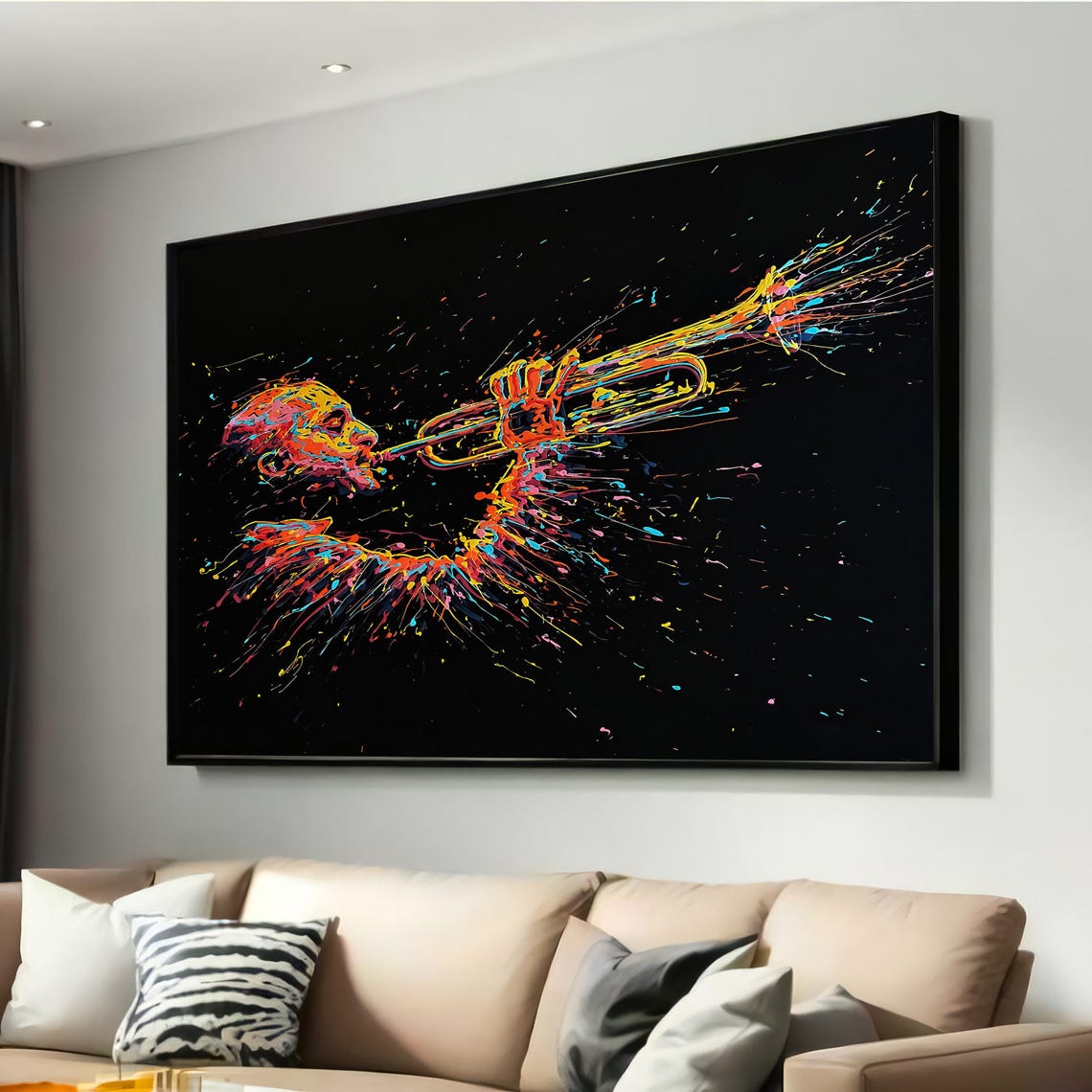 Trumpet Player Colorful Splatter Music Black Art Jazz Poster