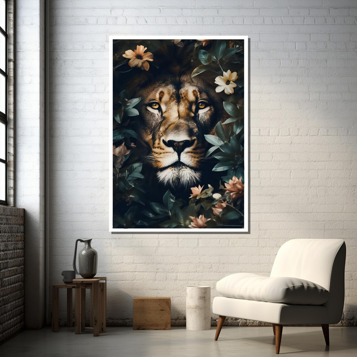 Majestic Lion Face With Floral Foliage, Nature Inspired Art - Image 3