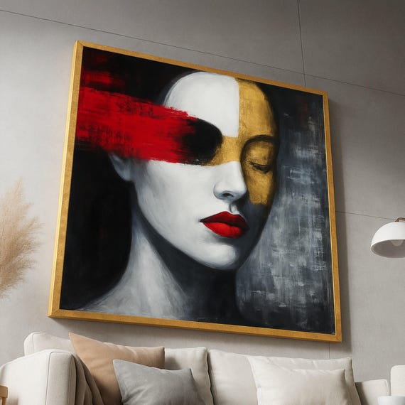 Modern Abstract Woman Portrait Canvas Red And Gold Face Art Contemporary Wall Decor Elegant Female Painting Stylish Home