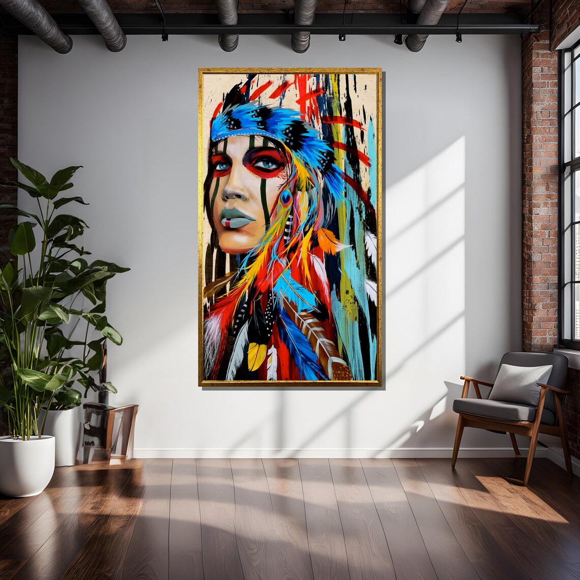 Bold Tribal Woman With Feather Headdress, Modern Art - Image 6