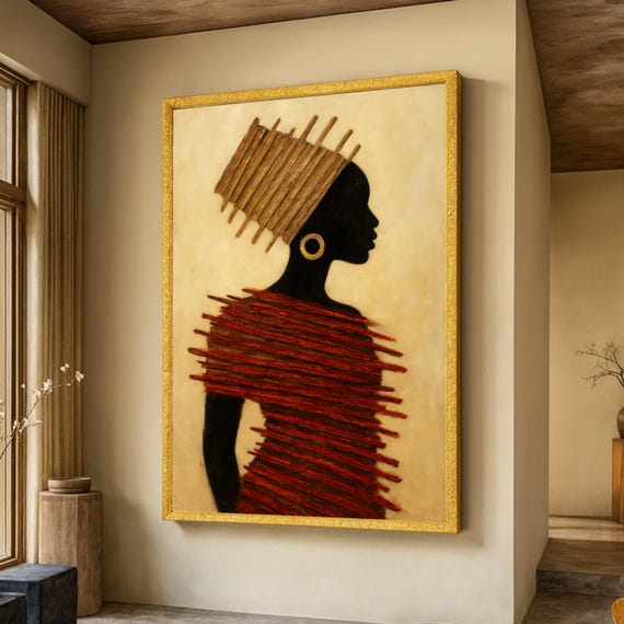 Elegant African Woman Silhouette Canvas Tribal Headwrap Wall Art Ethnic Home Decor Cultural Painting Modern Print