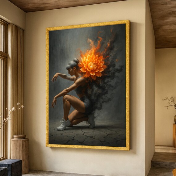 Dancer with Fiery Orange Lotus Smoke Dark Floral Fantasy Poster