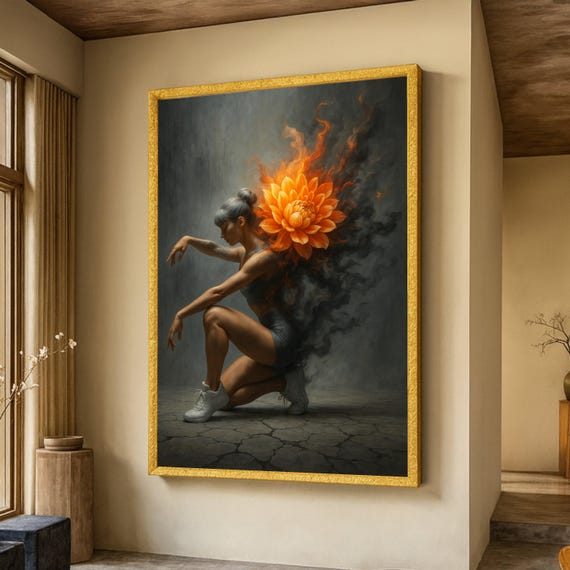 Fiery Bloom Woman In Motion Canvas Abstract Floral Fire Art Dynamic Figurative Wall Bold Contemporary Decor