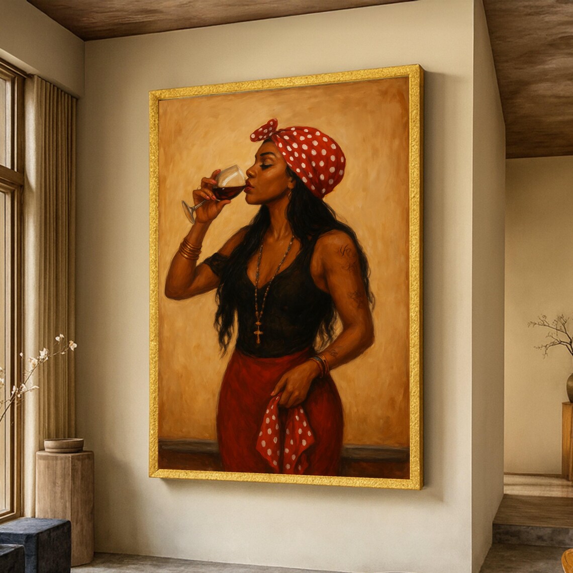 Elegant Woman Wine Glass Vintage Style Portrait Painting Poster