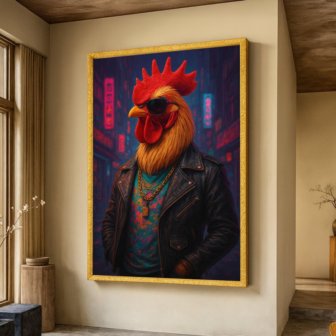 Urban Cool Rooster Sunglasses Leather Jacket Gold Chain Neon City Poster