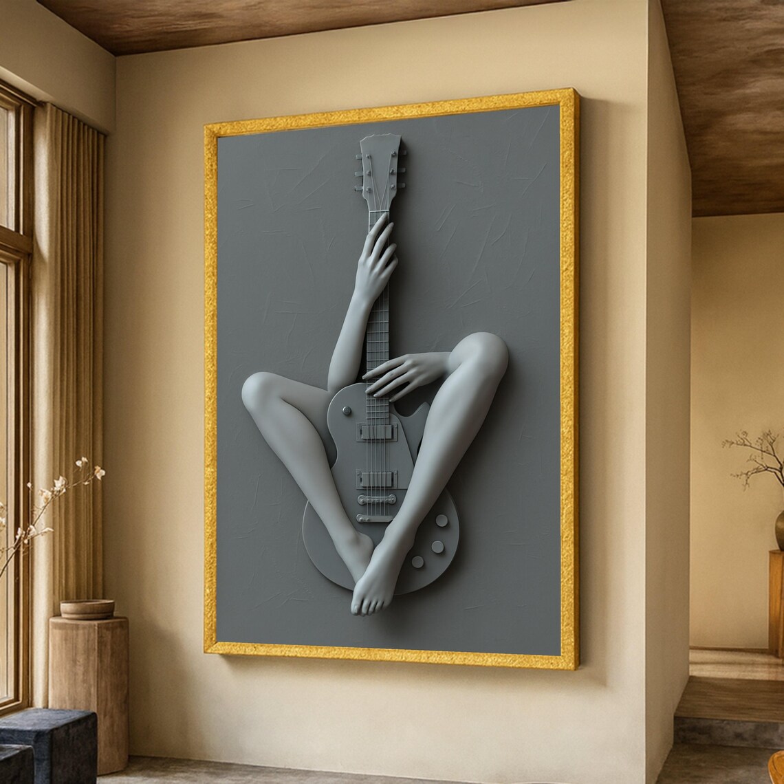 Woman Embracing Guitar Surreal Grey Sculpture Style Music Wall Art