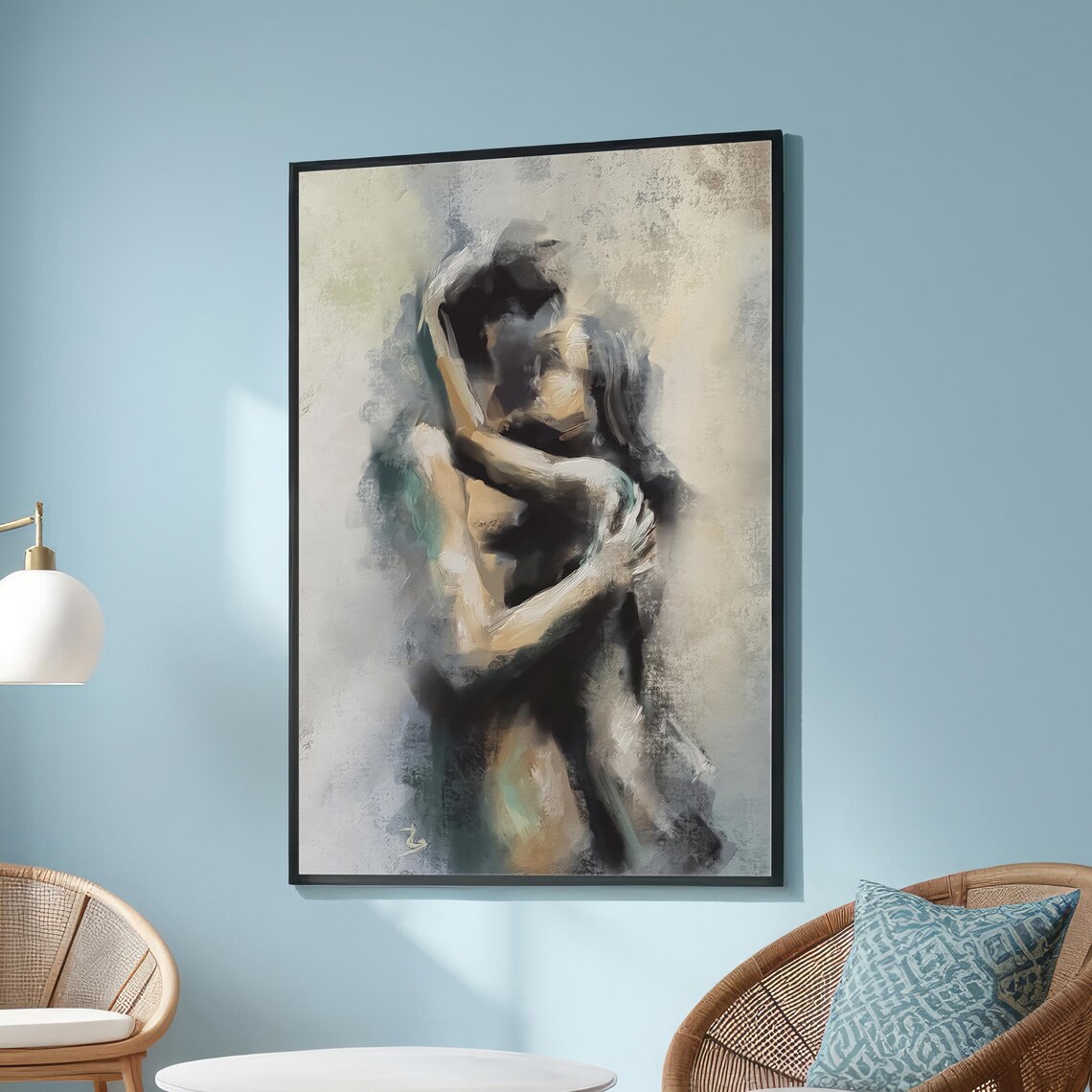 Romantic Abstract Couple Embrace, Impressionist Art Print