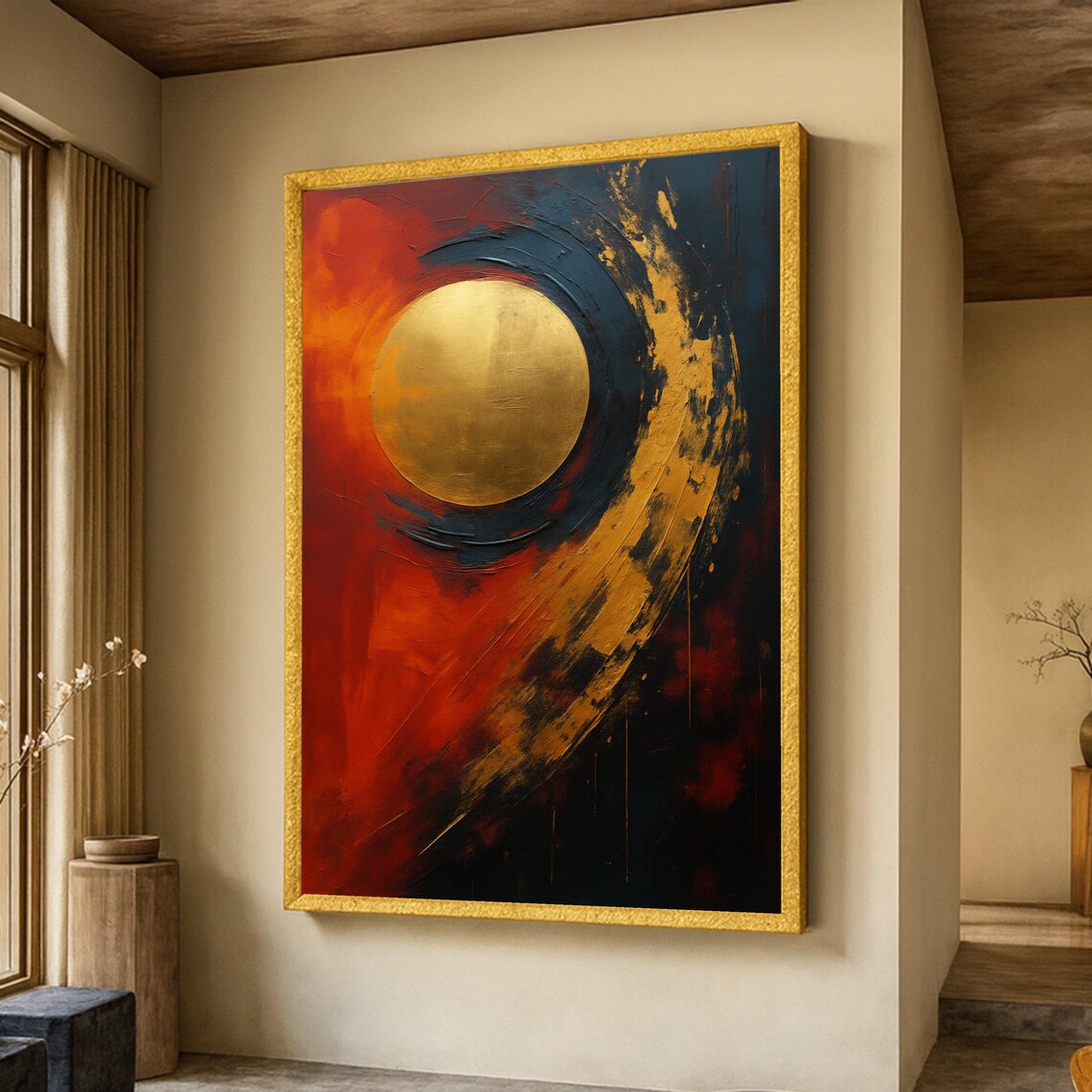 Abstract Gold Circle Art Print, Modern Black and Red
