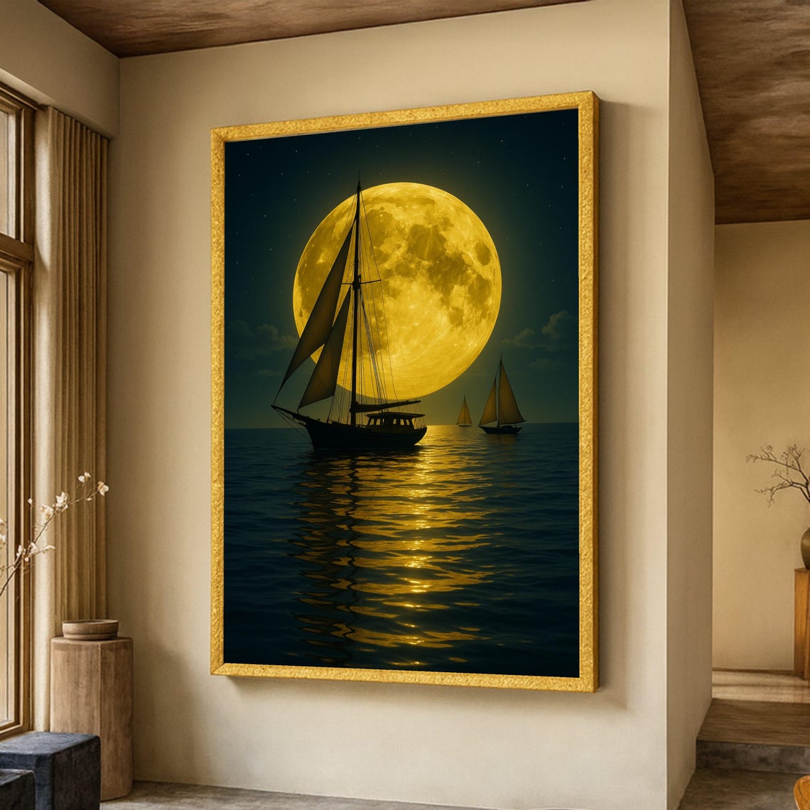 Golden Full Moon Sailboats Canvas Night Ocean Wall Art Nautical Moonlight Reflection Serene Sea Landscape Decoration