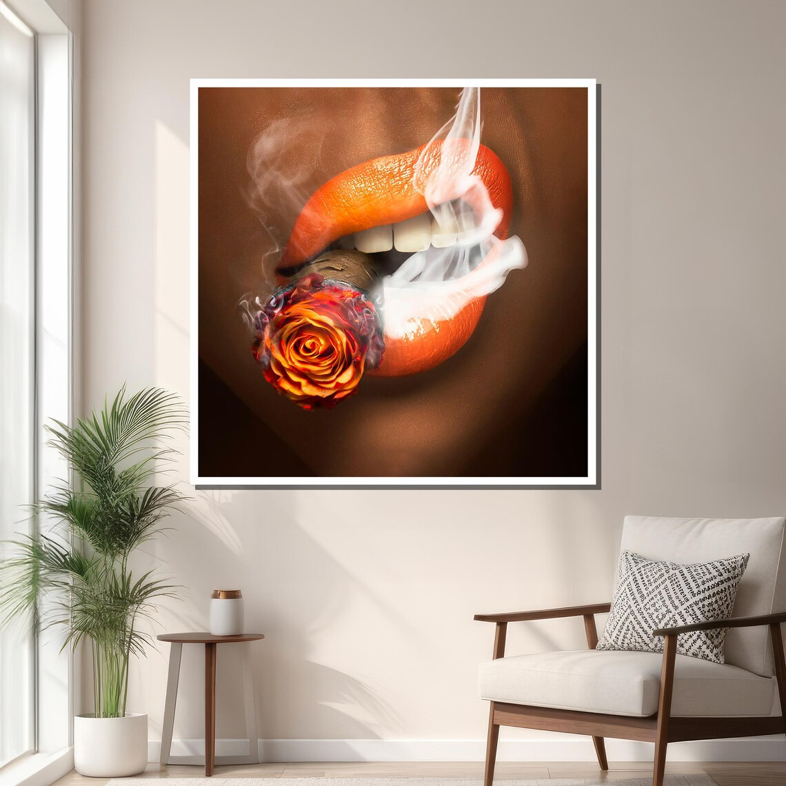 Bold Lips With Smoking Rose, Modern Surreal Art - Image 3