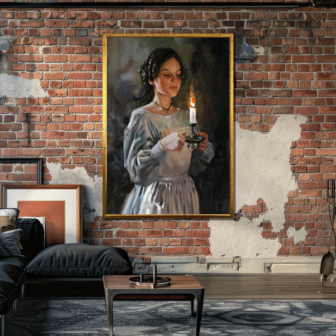 Young Woman Holding Candle, Realistic Impressionist Art - Image 6