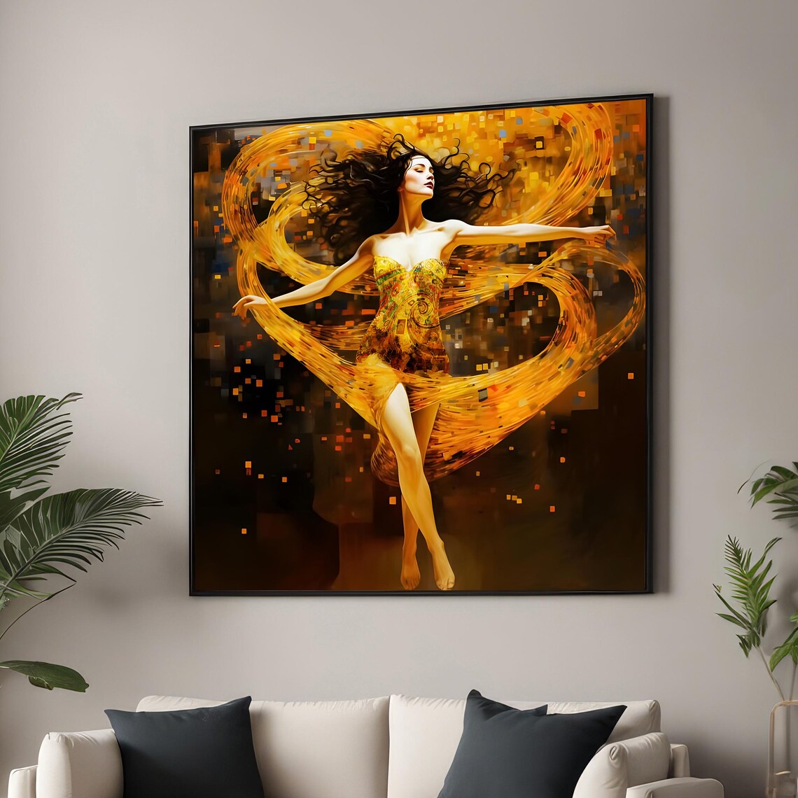 Elegant Dancing Woman, Golden Abstract Swirls