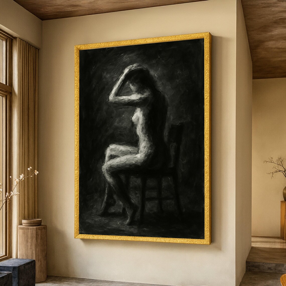 Moody Nude Woman Sitting On Chair Black And White Figure Art Poster