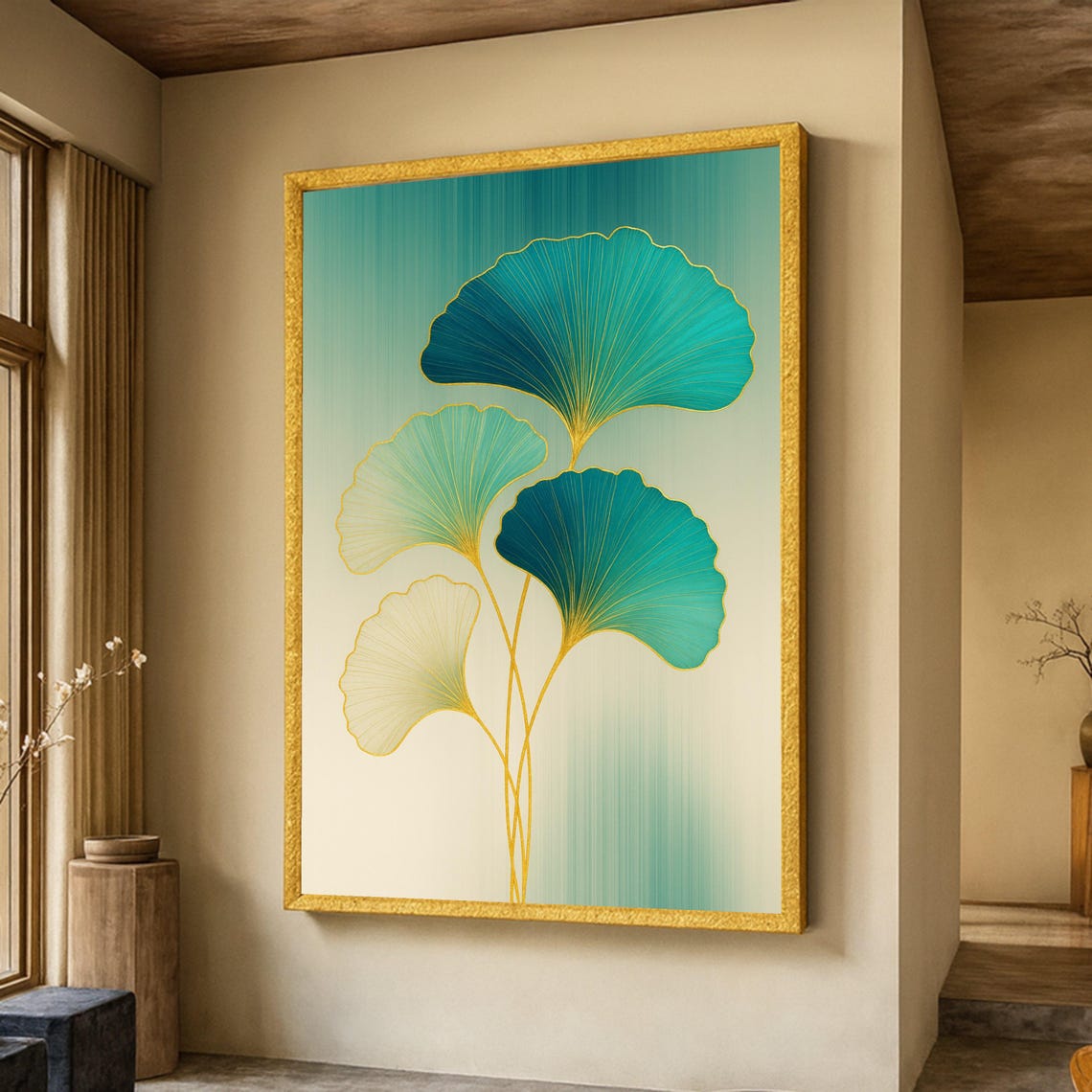Large Ginkgo Leaf Botanical Teal and Gold Modern Nature Poster