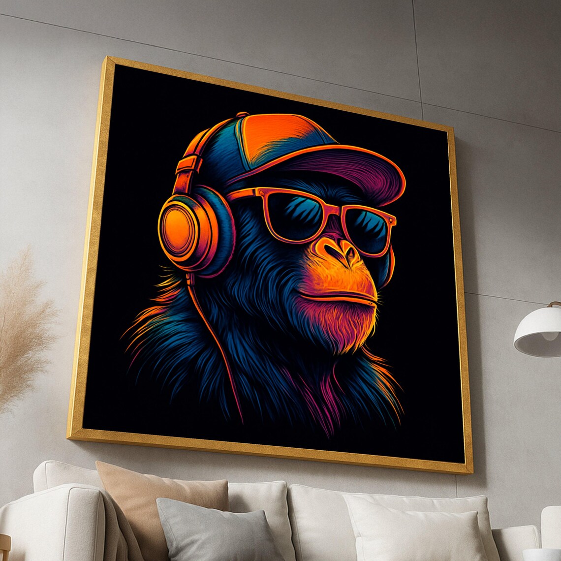 Neon Chimpanzee With Headphones Sunglasses and Cap Colorful Urban Poster