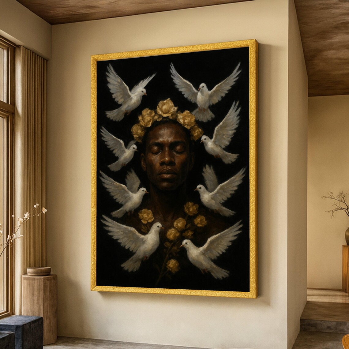 Serene Portrait White Doves Gold Flowers Spiritual Art Poster