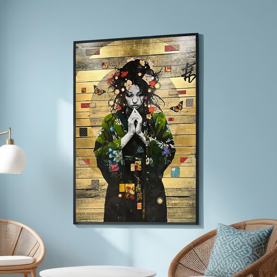 Modern Meditative Woman In Green Floral Kimono With Butterflies Abstract Portrait Wall Art For Zen Boho Or Natureinspired Decor